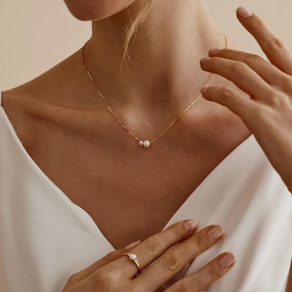 Mothers Day Gifts- Pearl Necklaces for Women Trendy, 14k Gold Plated Dainty Necklace Simple Pearl Drop Single Charm Pendant Necklace Birthday Wedding Gifts Gold Jewelry for Women
