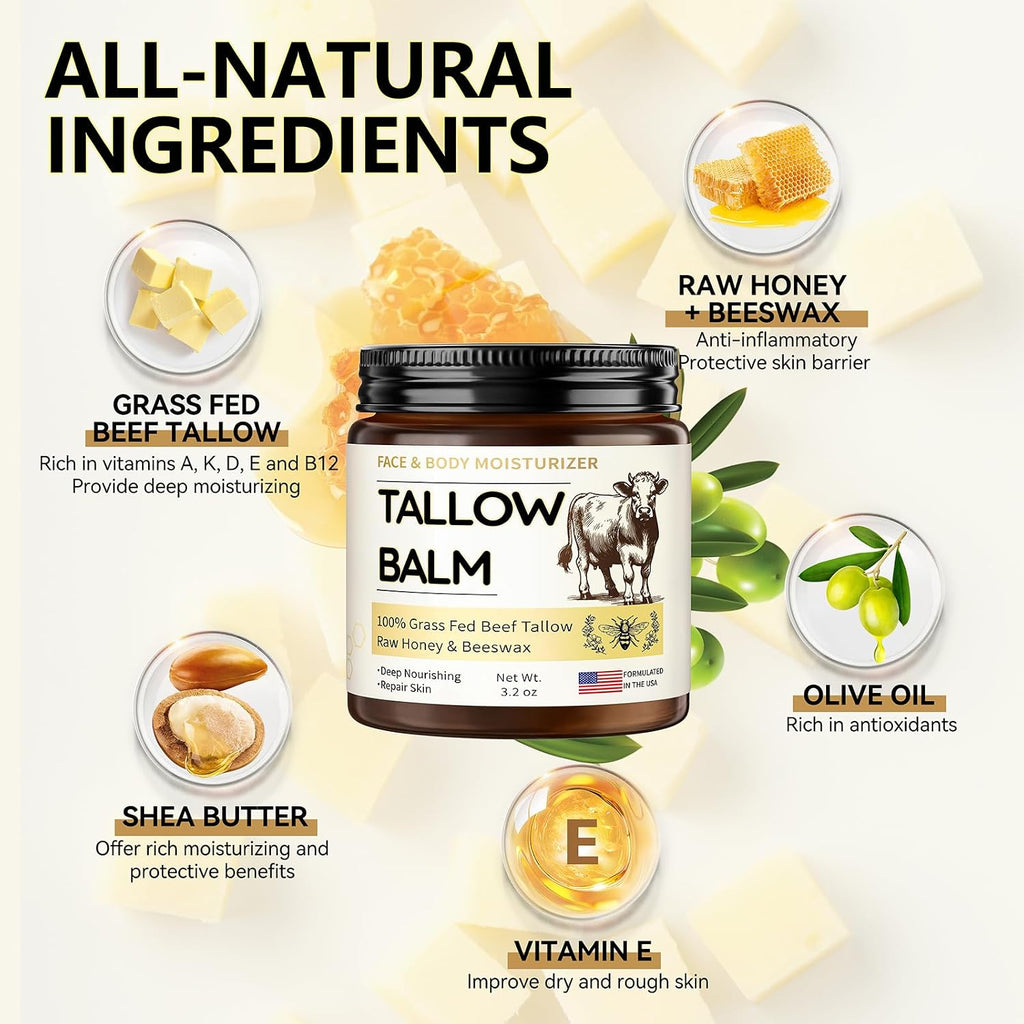 Veakoo Beef Tallow For Skin, Organic Whipped Tallow And Honey Balm, Grass Fed Beef Tallow Face Moisturizer, Natural Tallow Skin Care Cream Body Butter, Nourish And Soothe Dry Skin
