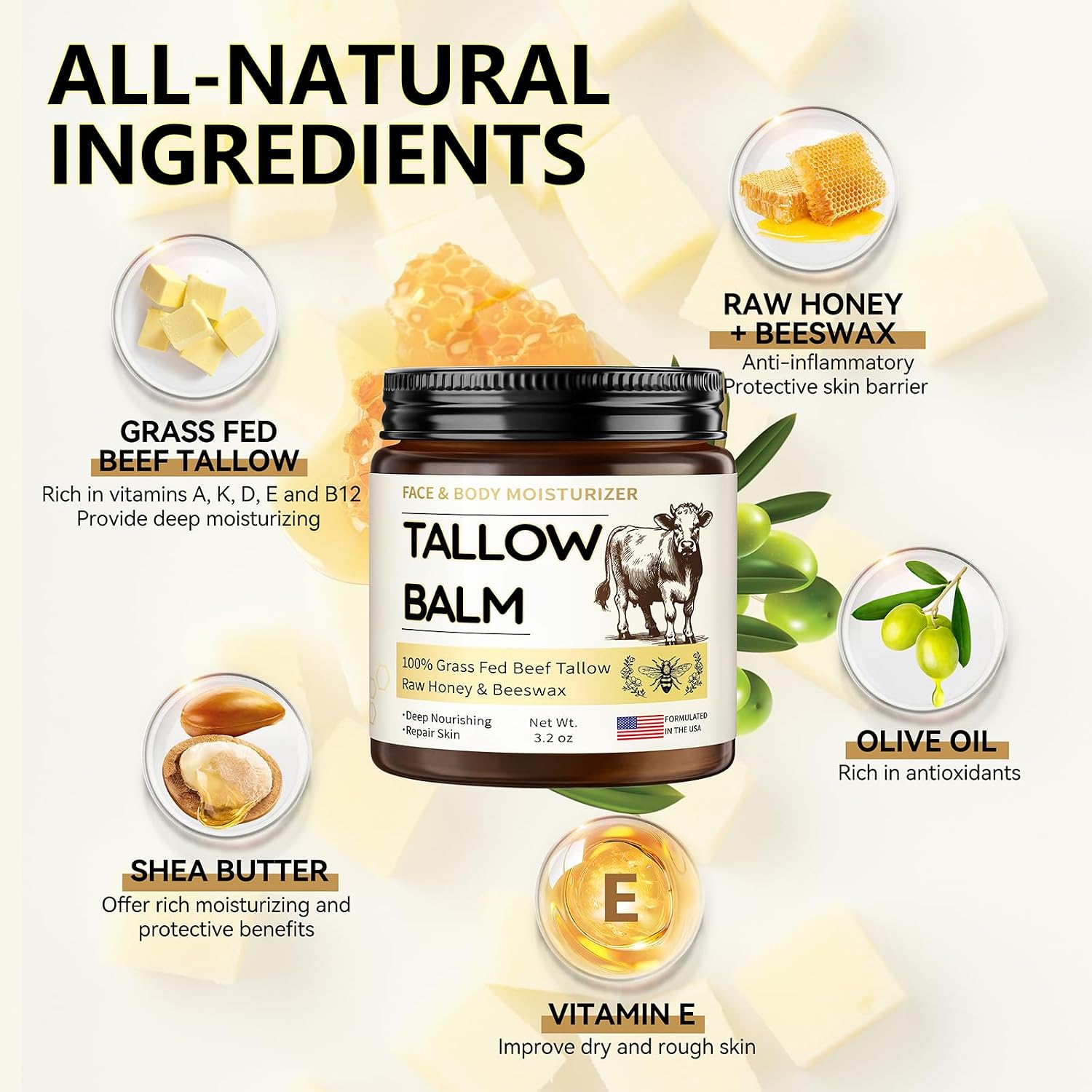Veakoo Beef Tallow For Skin, Organic Whipped Tallow And Honey Balm, Grass Fed Beef Tallow Face Moisturizer, Natural Tallow Skin Care Cream Body Butter, Nourish And Soothe Dry Skin