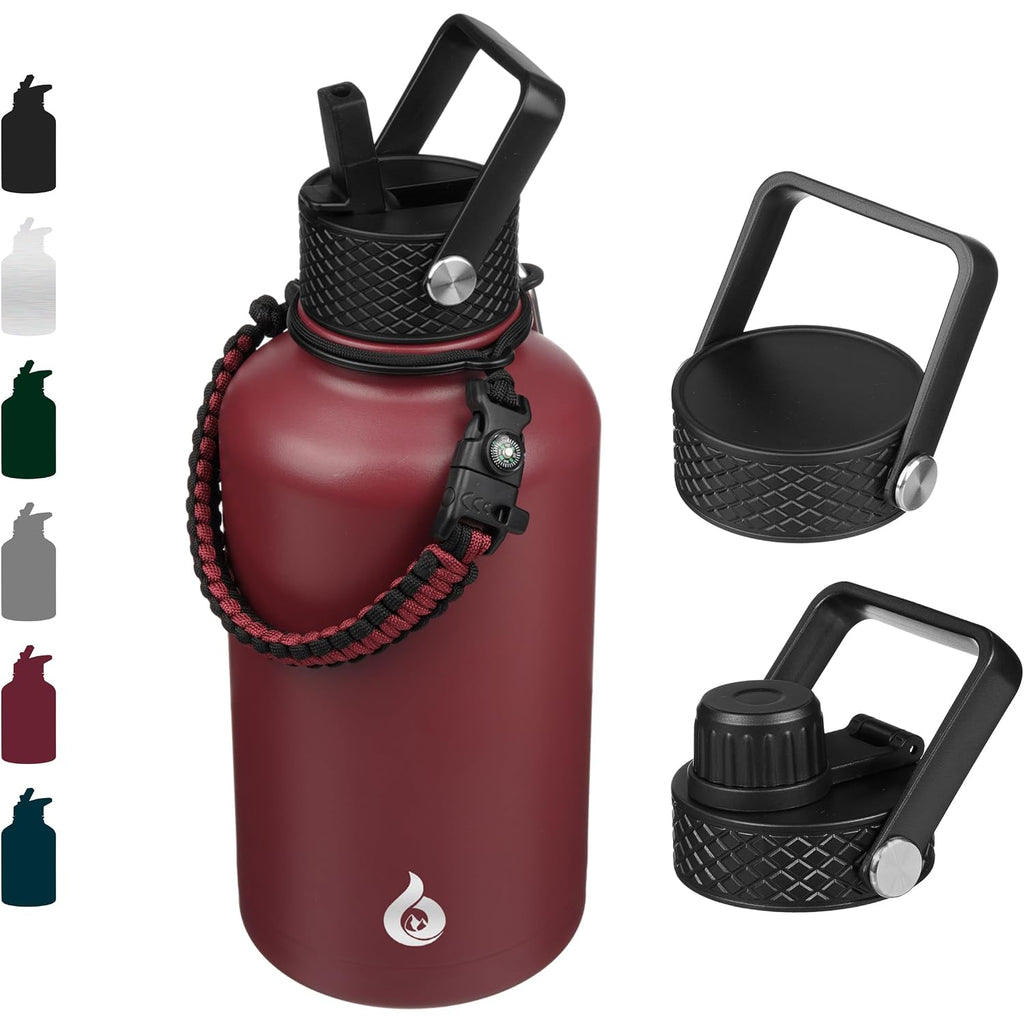 Bjpkpk Half Gallon Insulated Water Bottles With Straw Lid, 64Oz Large Water Jug, Stainless Steel Bottles With 3 Lids And Paracord Handle, Thermo For Hot & Cold Liquid, Brick Red