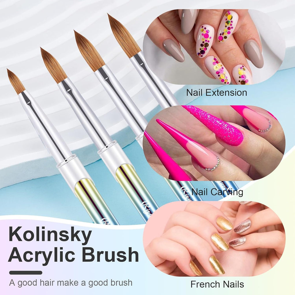 4PCS Acrylic Nail Brush Set, 6/8/12/16. Kolinsky Nail Art Brushes for Application, Sturdy Handle Oval Shaped Acrylic Powder Nails Design Tools for Professional Manicure DIY