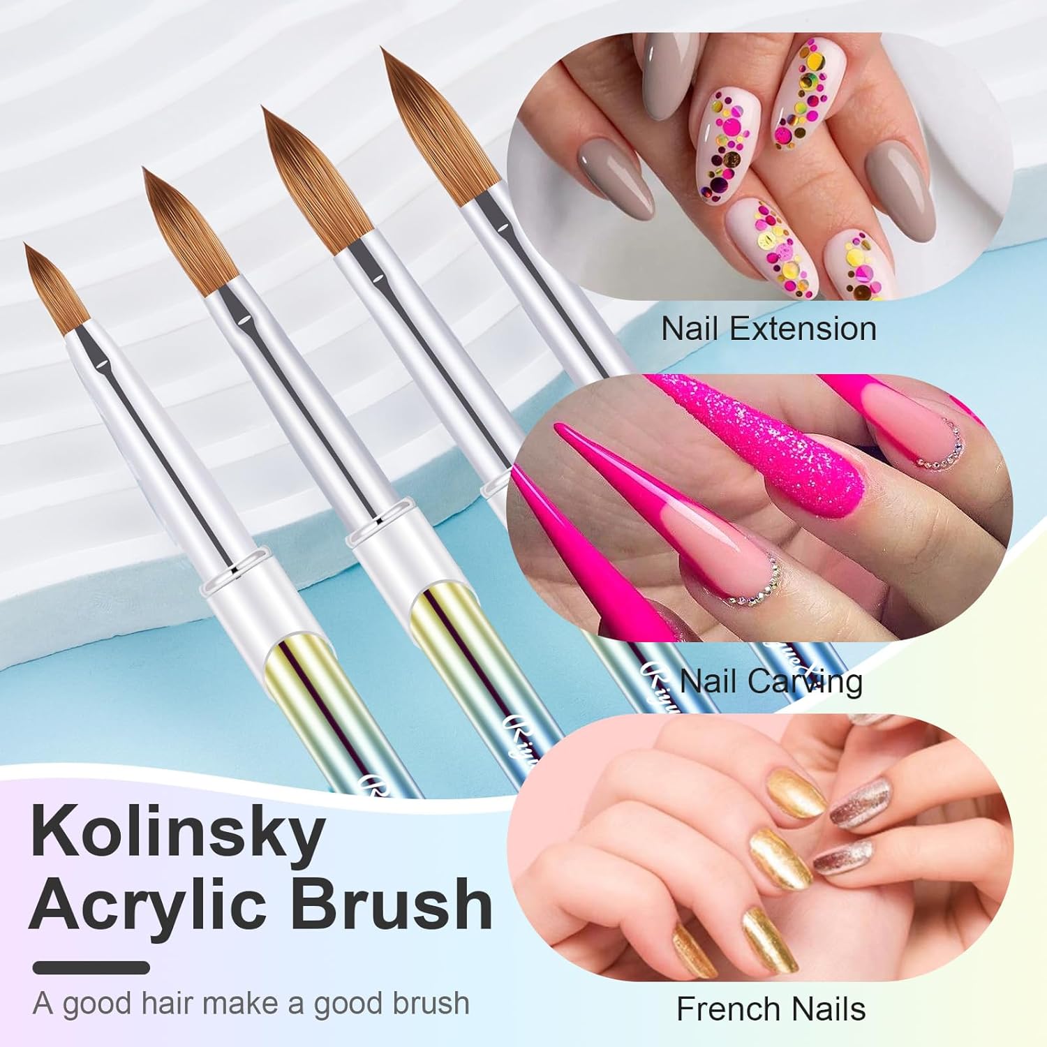 4PCS Acrylic Nail Brush Set, 6/8/12/16. Kolinsky Nail Art Brushes for Application, Sturdy Handle Oval Shaped Acrylic Powder Nails Design Tools for Professional Manicure DIY