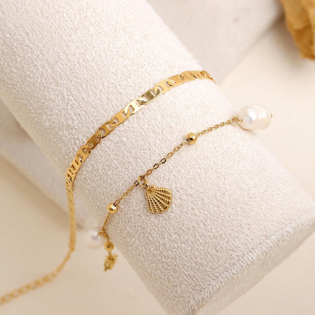 Dainty Gold Shell Pearl Ankle Bracelets for Women, Trendy Anklet Stack Charm Bracelet Adjustable Chain Summer Ocean Beach Accessories Fashion Jewelry Gift