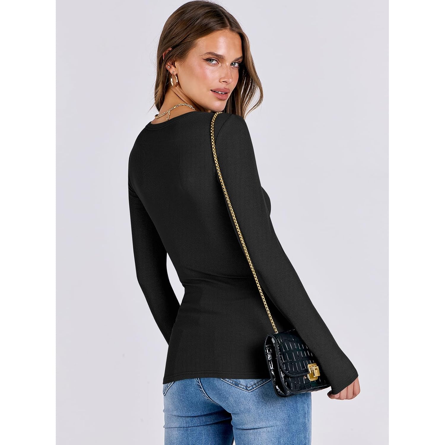 Anrabess Women Long Sleeve Shirts Rib Knit Slim Fit Tops Basic Tee Spring Outfits Casual T-Shirt Underscrubs Layer Clothes