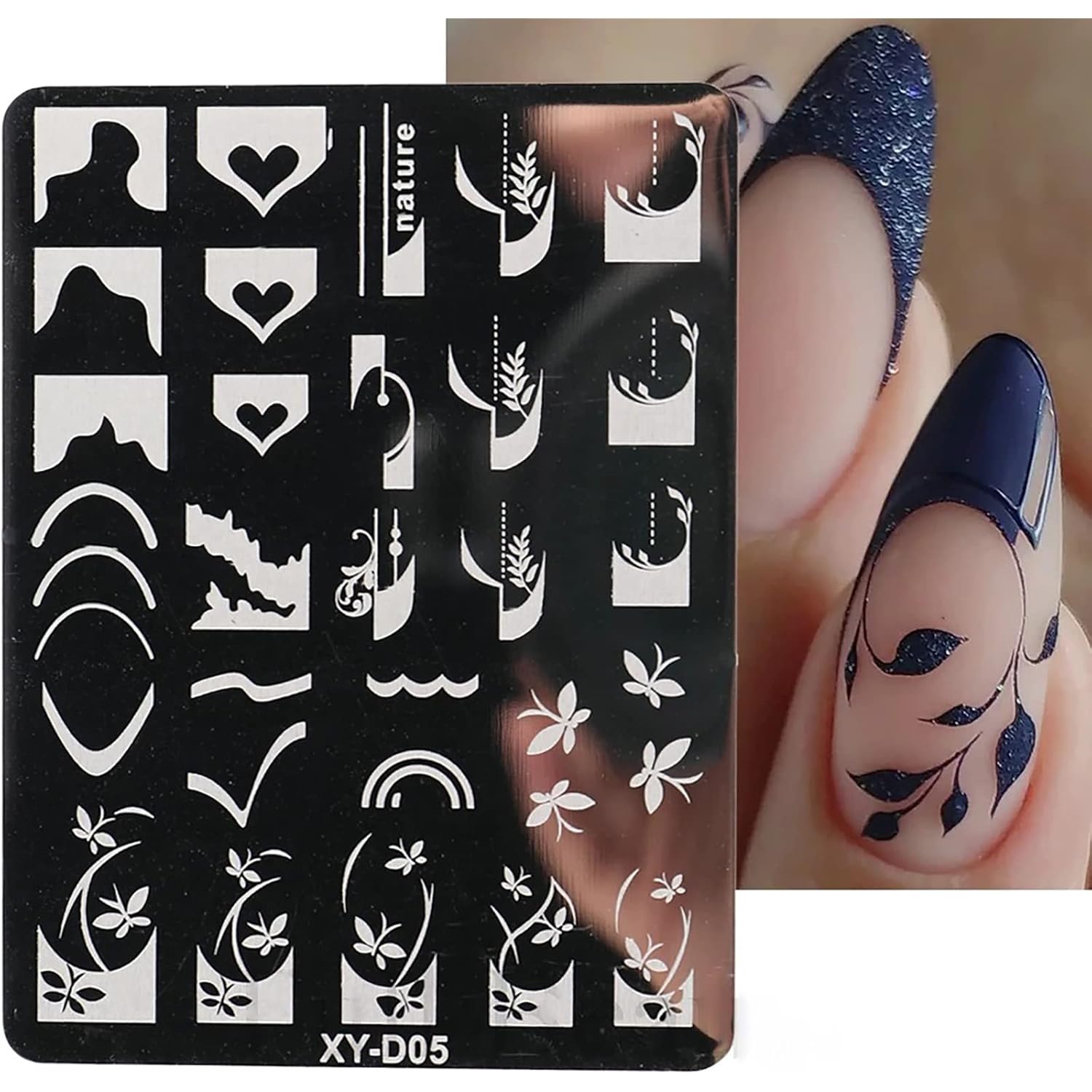 6Pcs Nail Art Stamping Templates Set with French Line Flowers Leaves Smiley Heart Design Stamping Kits DIY Printing Tools Fashion Decoration for Women and Girls