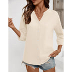 LOMON Womens 3/4 Sleeve Button Down Shirts Cotton Linen Roll Up Short Sleeve Tops V Neck Casual Loose Fit Blouses