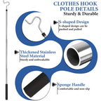 Clothes Hook Pole, Clothes Hanger Reaching Hook For Hanging Clothes Light And Plants Extendable From 35" To 50" Made Of Stainless Steel Tube With Sponge Handle (50Inch)