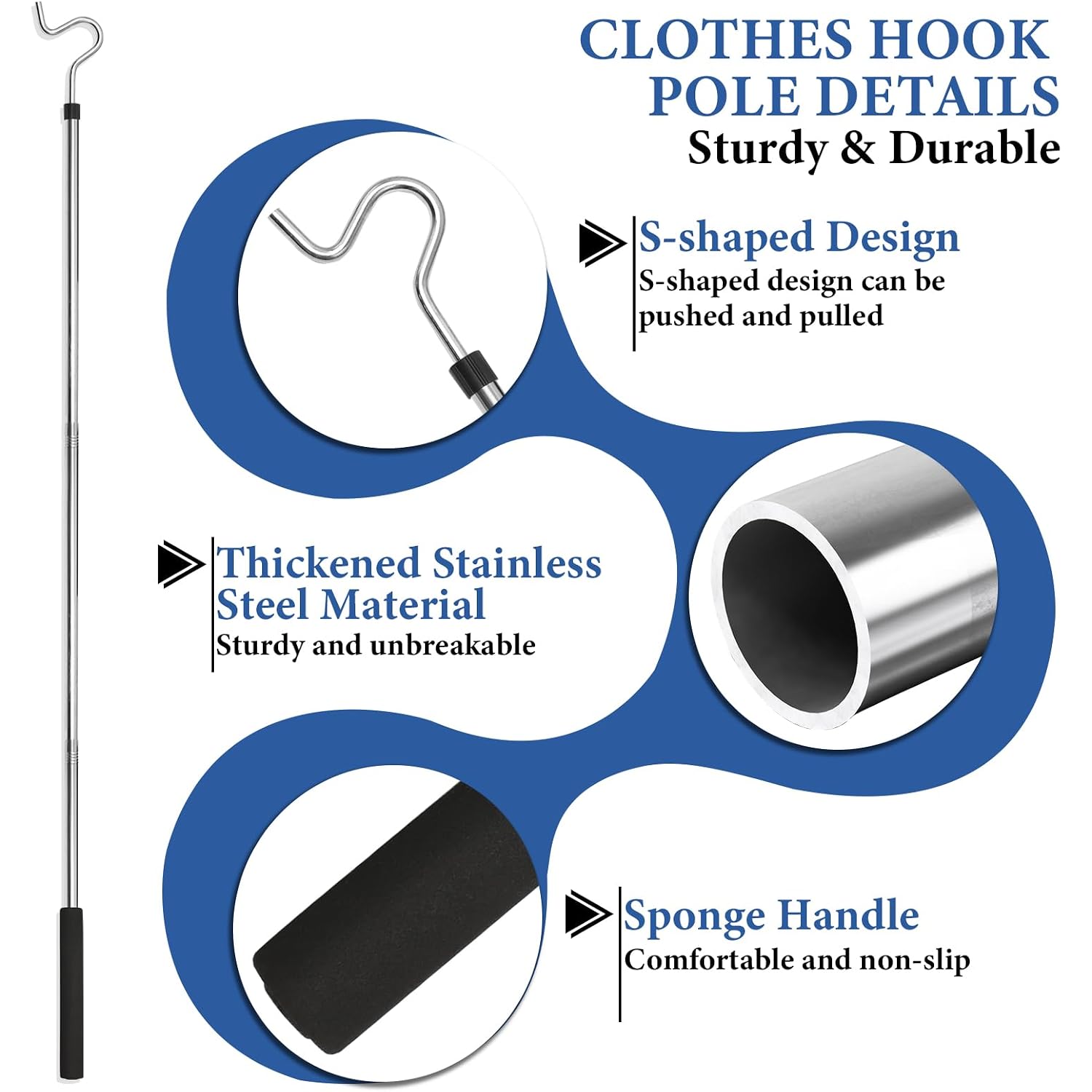 Clothes Hook Pole, Clothes Hanger Reaching Hook For Hanging Clothes Light And Plants Extendable From 35" To 50" Made Of Stainless Steel Tube With Sponge Handle (50Inch)