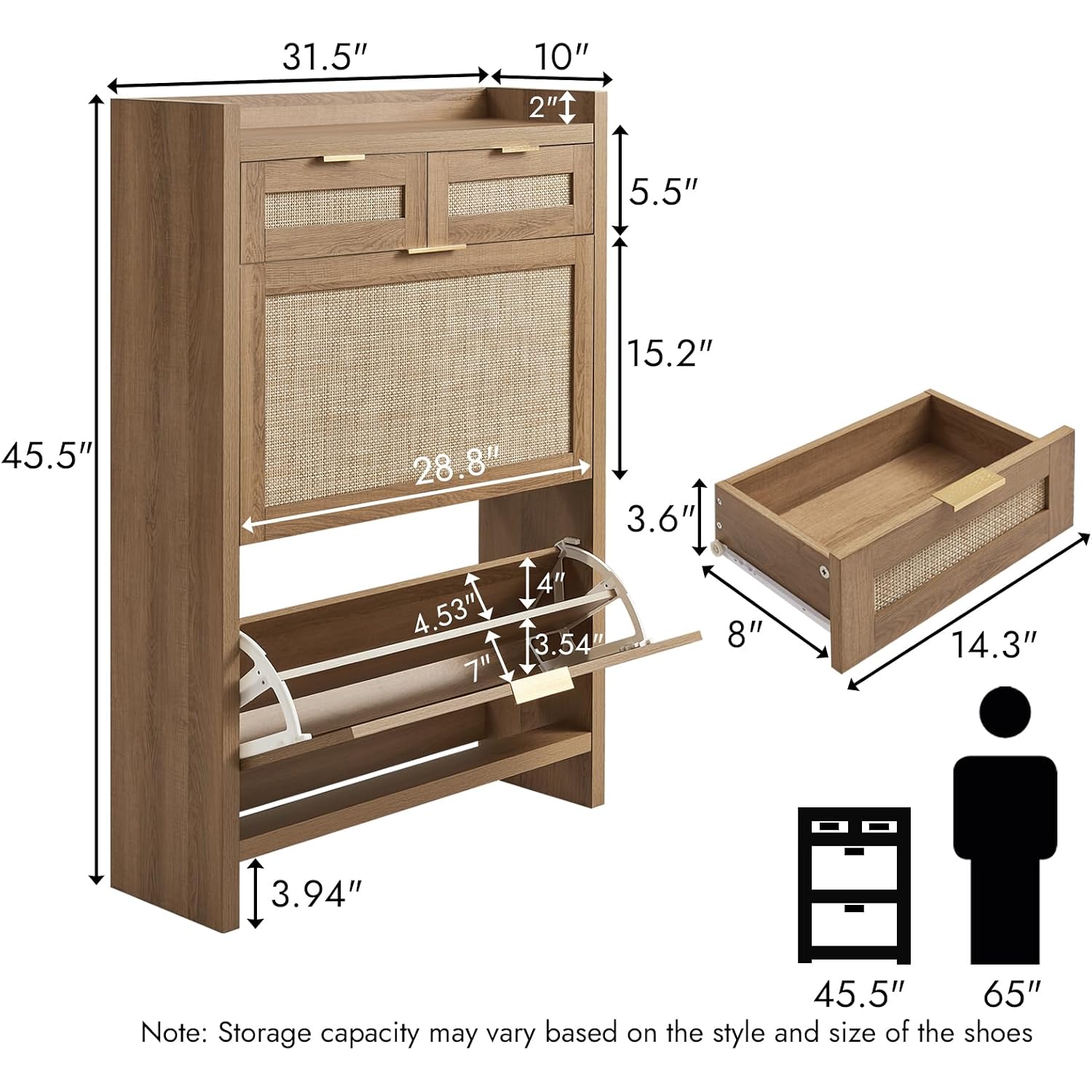 Rattan Shoe Storage Cabinet With 2 Drawers & 2 Flip Drawers – Hidden Slim Shoe Organizer For Entryway, Large Tabletop Space, Farmhouse Boho Narrow Shoe Rack, Rustic Oak
