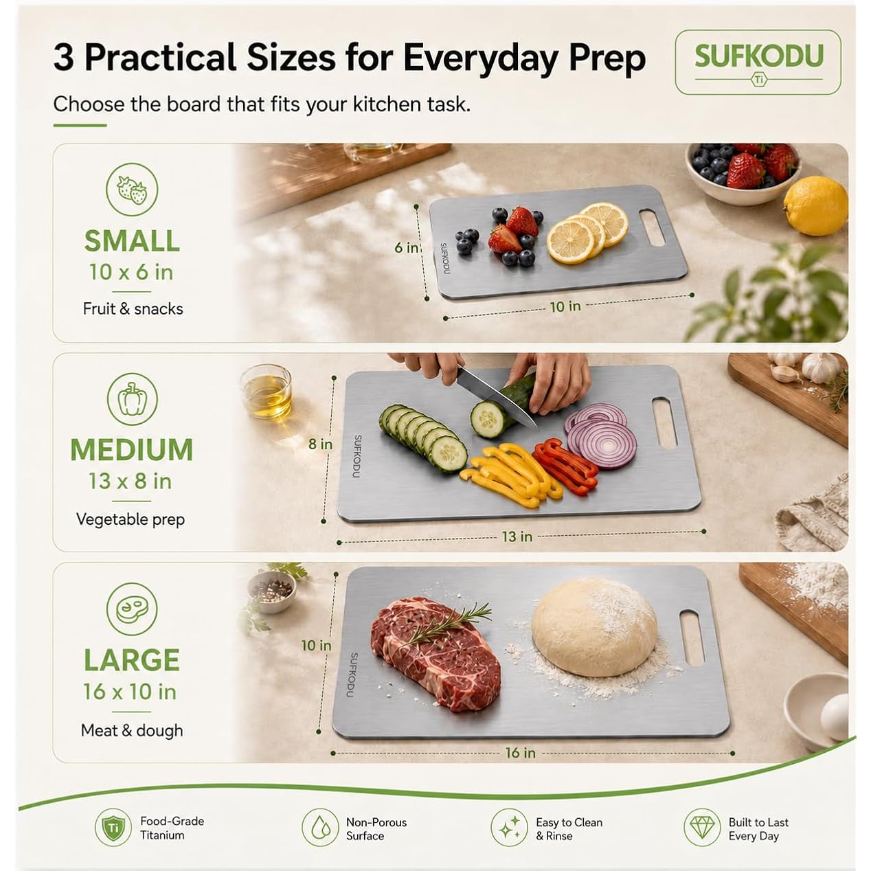 Titanium Cutting Board Set Of 3, 100% Double-Sided Titanium Cutting Boards For Kitchen, Dishwasher Safe Non-Toxic Chopping Boards For Meat, Vegetables, Fruits, Raw And Cooked Food Prep (M+L+Xl）