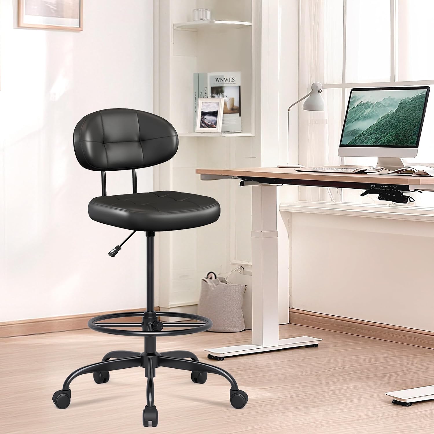 Misolant Drafting Chair Without Arms, Tall Office Chair With Footrest Ring For Standing Desk, Small Faux Leather Executive Office Chair With Adjustable Height For Bar Lab Counter Height Desk, Black