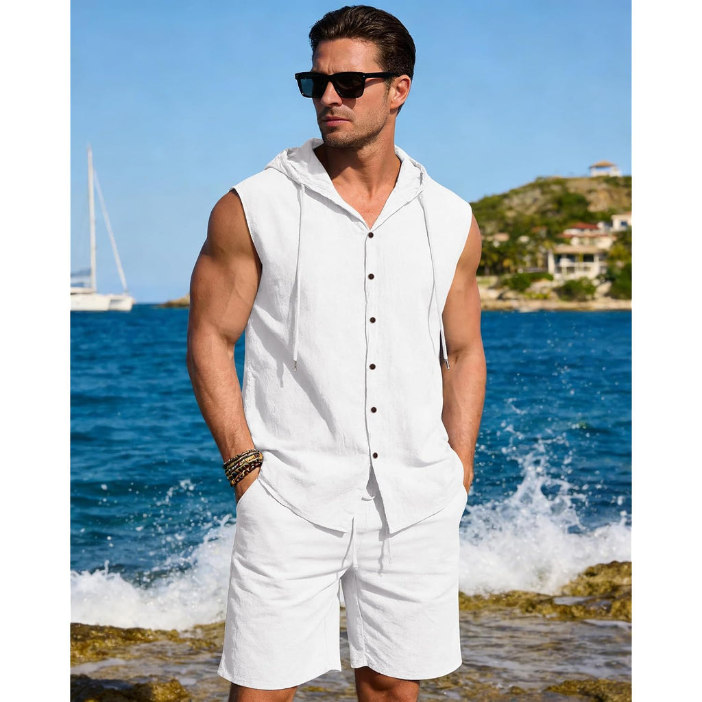 Mens Linen Sleeveless Hoodies Button Down Tank Shirt Summer Casual Beach Lightweight Hawaiian Fashion Tops