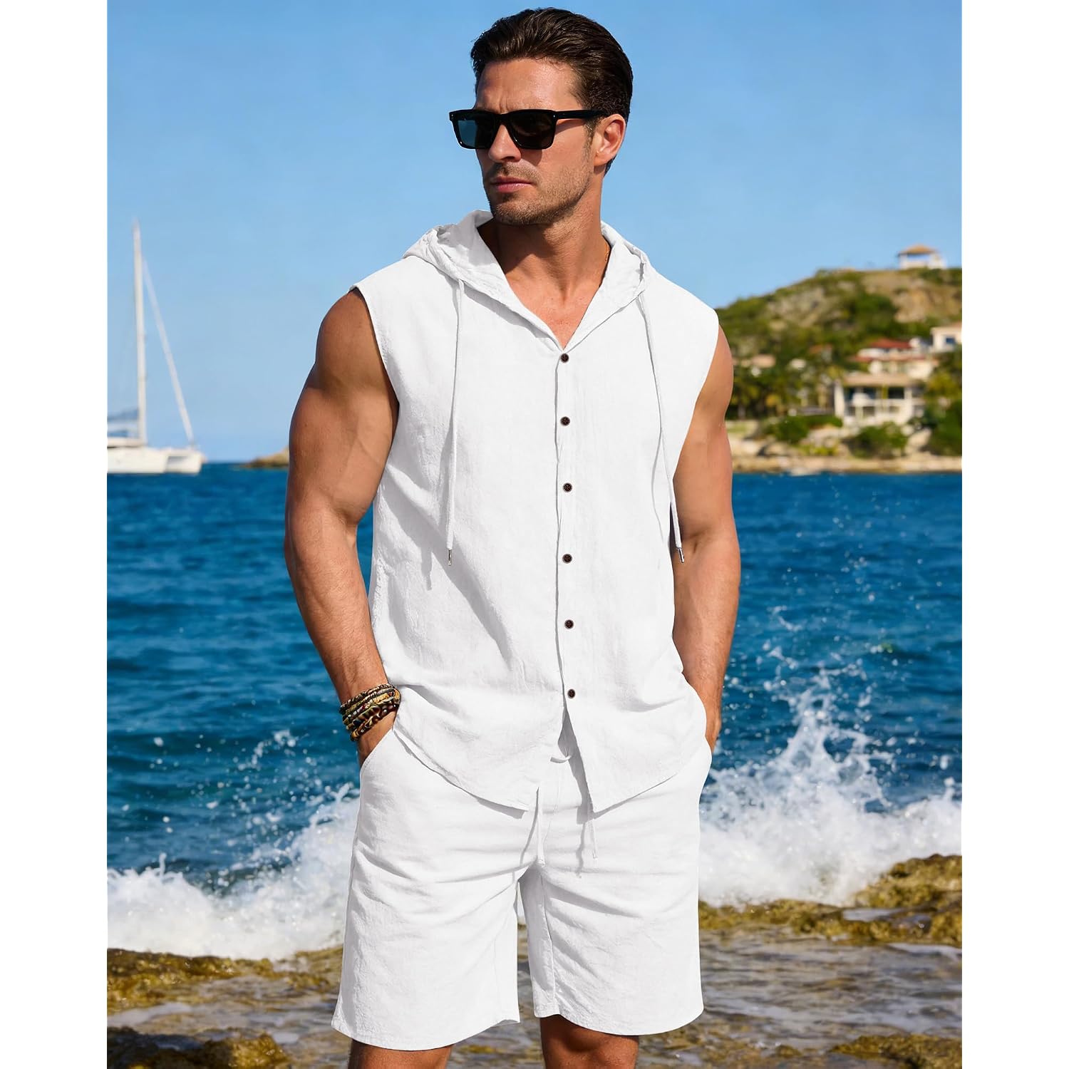 Mens Linen Sleeveless Hoodies Button Down Tank Shirt Summer Casual Beach Lightweight Hawaiian Fashion Tops