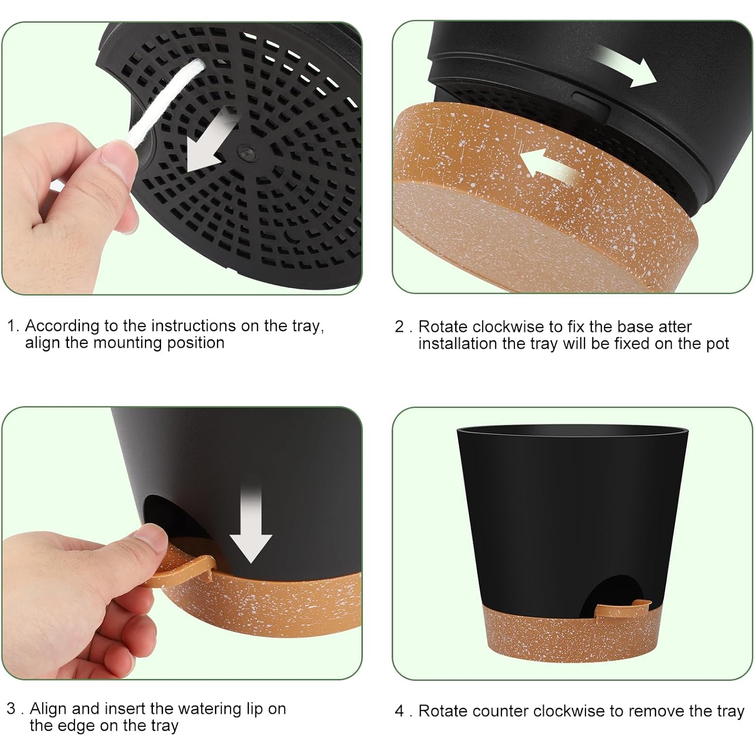 Ynnico Indoor Self Watering Planters With Drainage Holes And Saucers, 8, 7, 6.5, 6, 5.5, 5 Inches, Black, 6 Pots