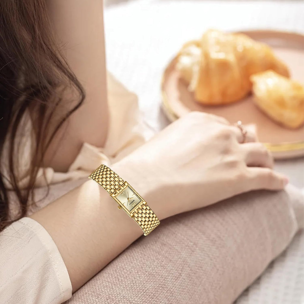 Bofan Gold Watches For Women Luxury Ladies Quartz Wrist Watch With Stainless Steel Bracelet,Waterproof,Casual Fashion Square Dial.Band Adjustment Tool Included