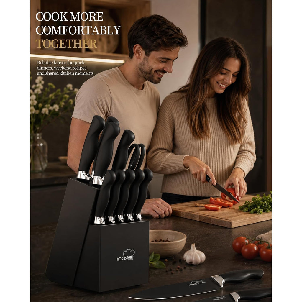 Knife Set, 15 Piece Kitchen Knife Set With Block And Built In Sharpener, German Stainless Steel Dishwasher Safe Knife Block Set, Black Kitchen Knives Set For Home Cooking