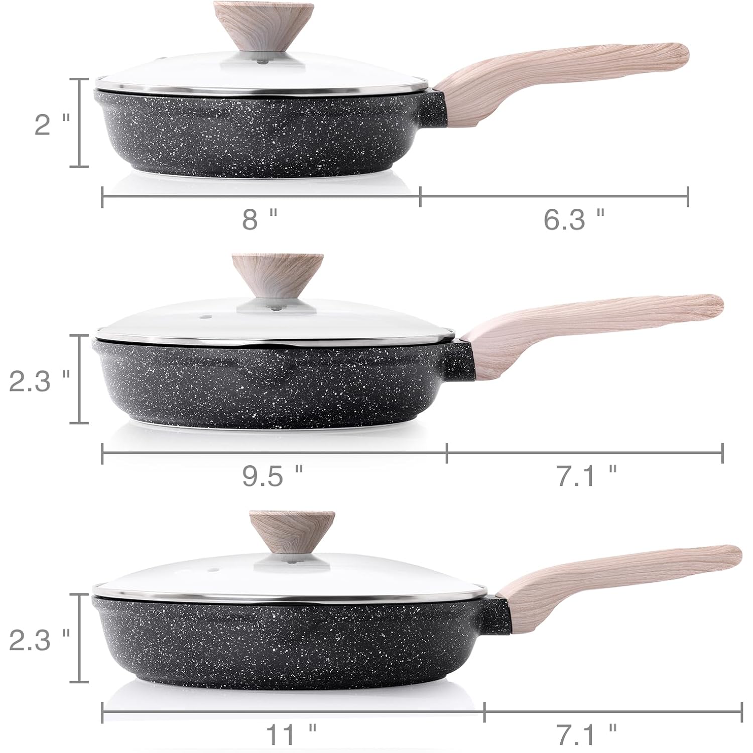 Kordisen Nonstick Frying Pan Set With Lids, 3 Piece Skillet Set, Healthy Induction Cooking Pan, Stay-Cool Handle, Compatible With All Stovetops, Pfoa Free (8, 9.5, 11 Inch)