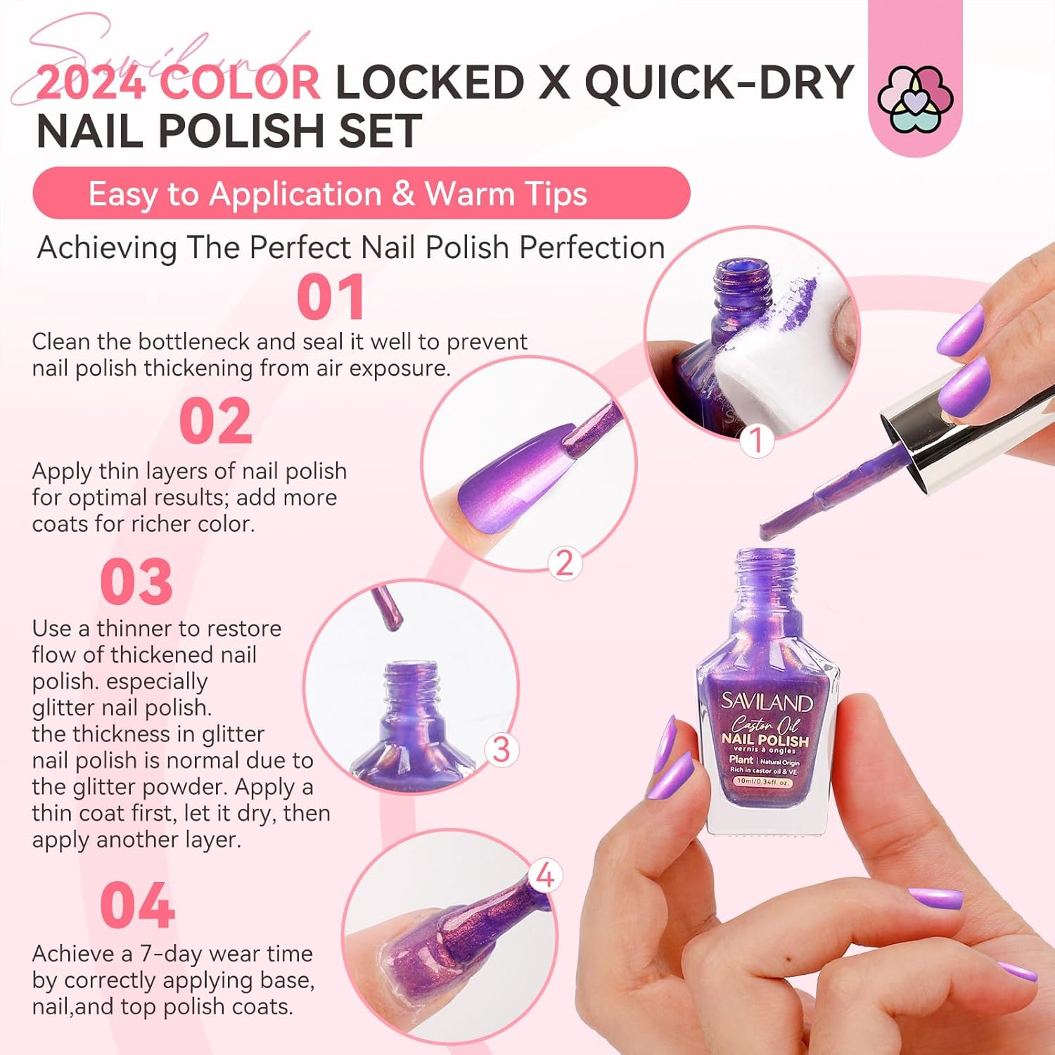 SAVILAND 6pcs Ombre Nail Polish Sets: Charm Pink Blue Gold Purple Pearl Summer Fingernail Polish Colors Air Quick Dry Nail Polish Plant-base Castor Oil Natural Nail Lacquer Women Home Manicure DIY