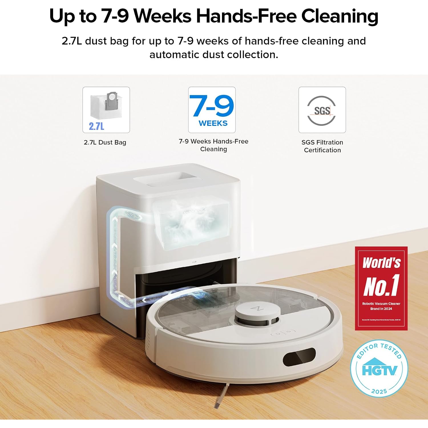 Roborock Q7 M5+ Robot Vacuum And Mop, Up To 7-9 Weeks Self-Empty, 10000Pa | Upgraded From Q5 Max+, Dual Anti-Tangle System For Pet Hair & Carpet, Precisense Lidar Navigation, App Control, White