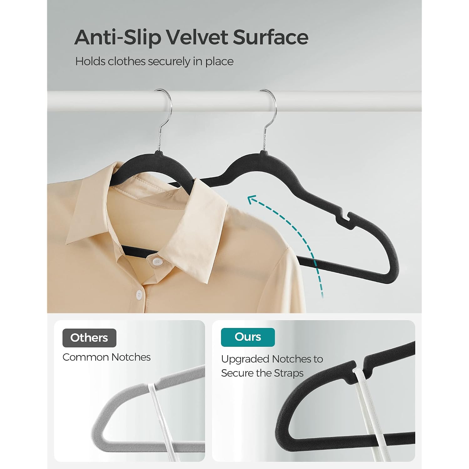 Songmics Velvet Hangers 50 Pack, Non-Slip Clothes Hangers, With Shoulder Notches, Pants Bar, 360° Swivel Hook, Space-Saving, For Closet, Ink Black Ucrf029B05