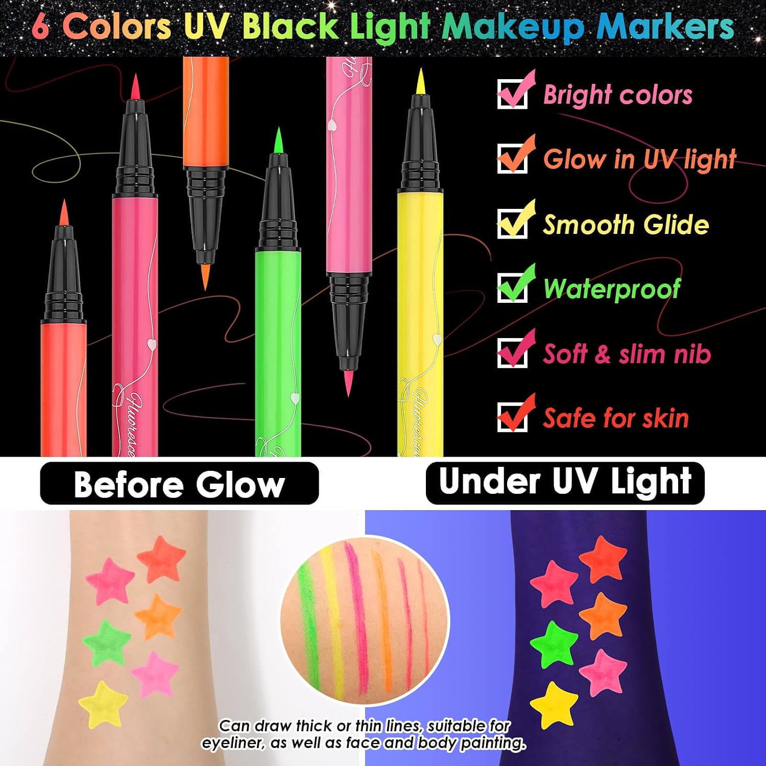 Glow In The Dark Glitter Gel With Uv Neon Liquid Eyeliner Pen Set For Body Face Hair Eye, Makeup Kit For Rave Accessories Party Halloween Anime Cosplay Concerts Festival Carnival Face Paint