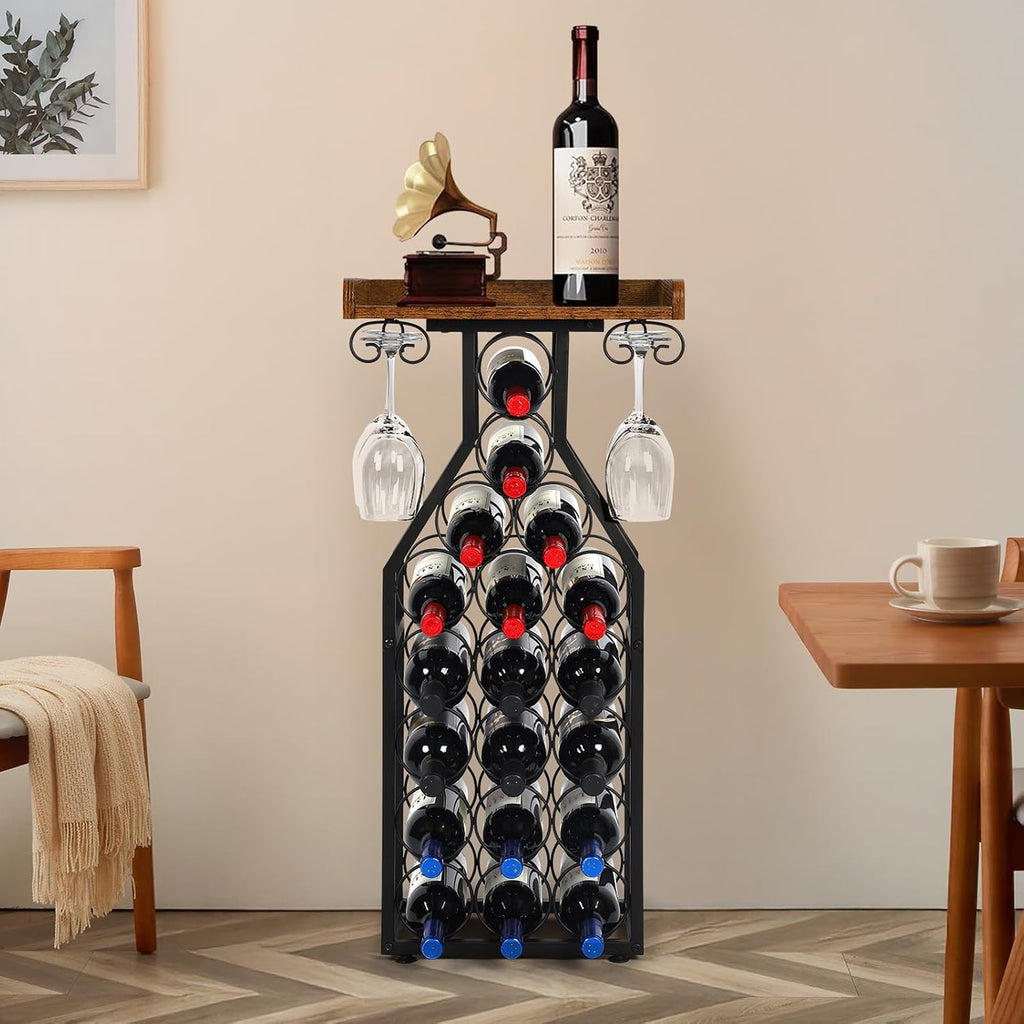 Wine Rack Freestanding Floor, Table Wine Holder Stand Mini Bar Table Floor Wine Storage For Home Bar Kitchen Living Room With Glass Holder Wood Tabletop 19 Bottles