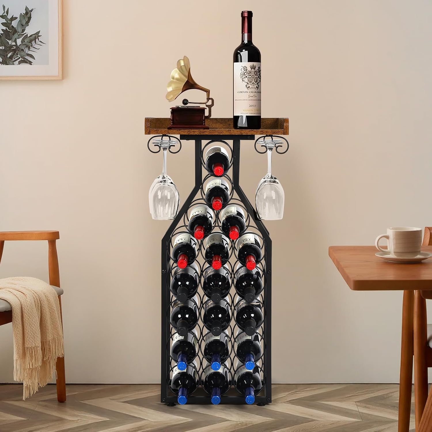 Wine Rack Freestanding Floor, Table Wine Holder Stand Mini Bar Table Floor Wine Storage For Home Bar Kitchen Living Room With Glass Holder Wood Tabletop 19 Bottles
