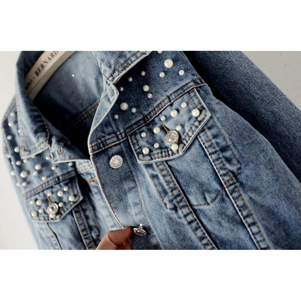 Women'S Embroidered Pearl Denim Jean Jacket Coat