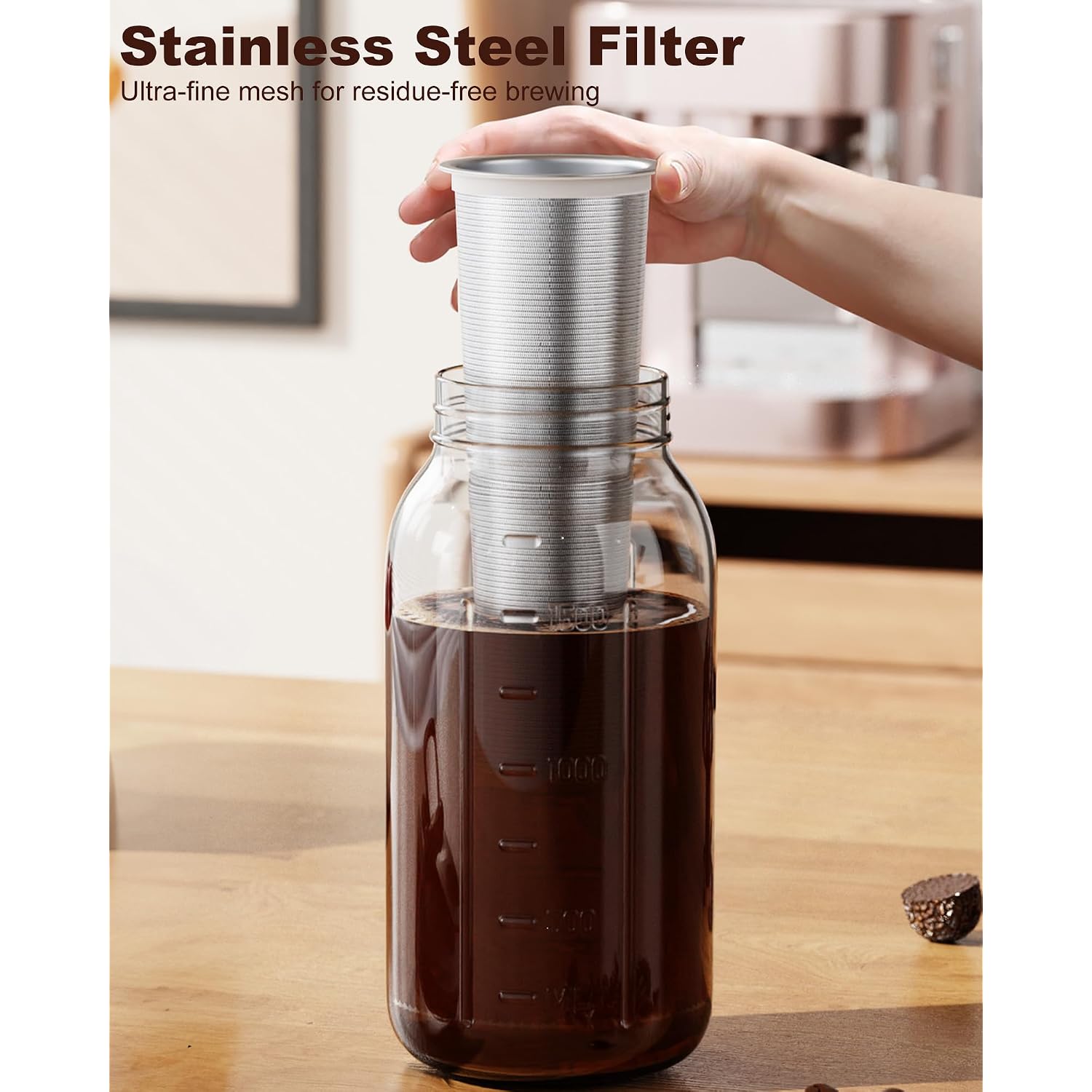 Cold Brew Coffee Maker 64Oz, Iced Coffee Maker With 304 Stainless Steel Filter, Mason Jar Pitcher With Lid And Spout (Black)