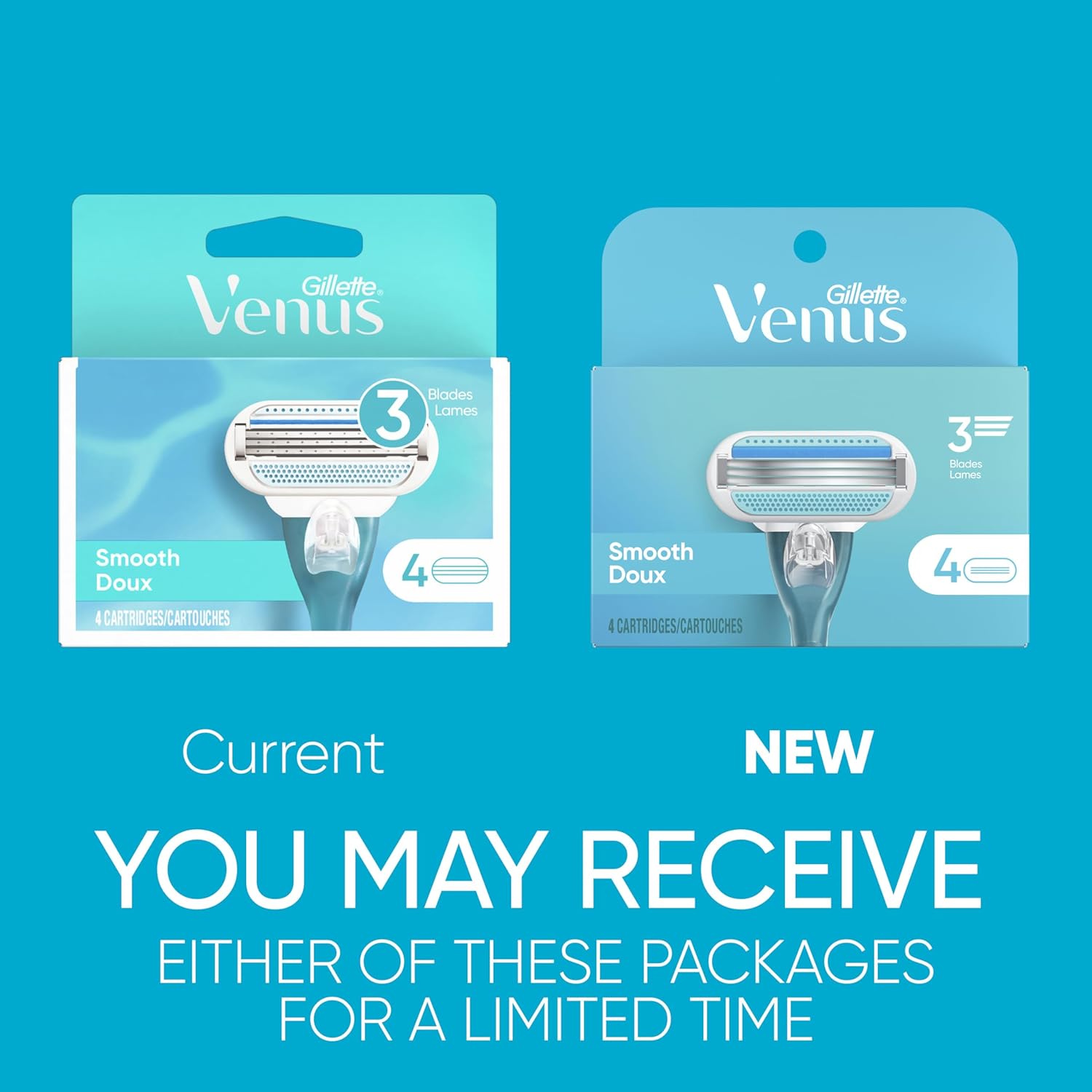 Gillette Venus Women's Original 3 Blade Razor Refills, 4 Count (Packaging May Vary)