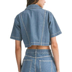 Women'S Denim Top, Short Sleeve Cropped Denim Jacket Button Down Casual Jean Jacket Shirt With Pocket
