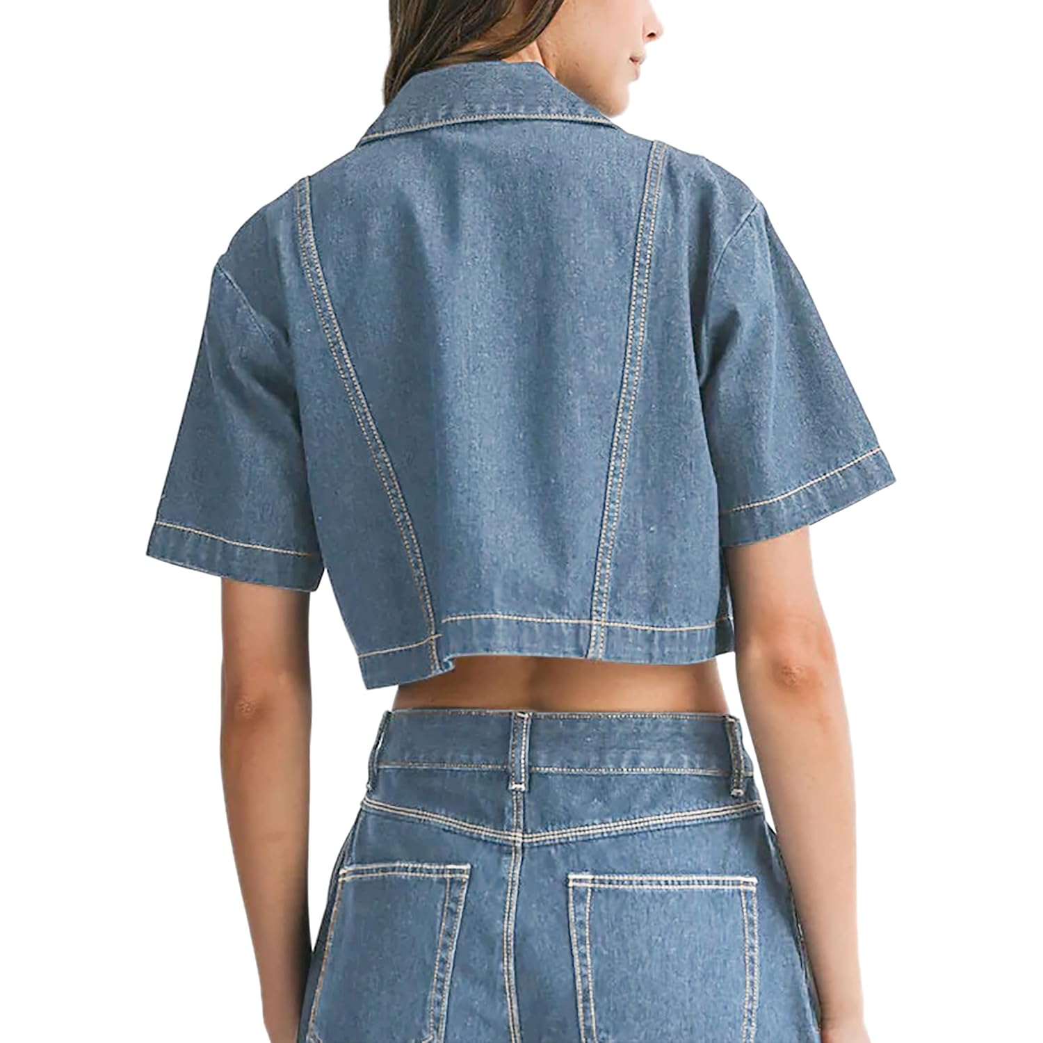 Women'S Denim Top, Short Sleeve Cropped Denim Jacket Button Down Casual Jean Jacket Shirt With Pocket