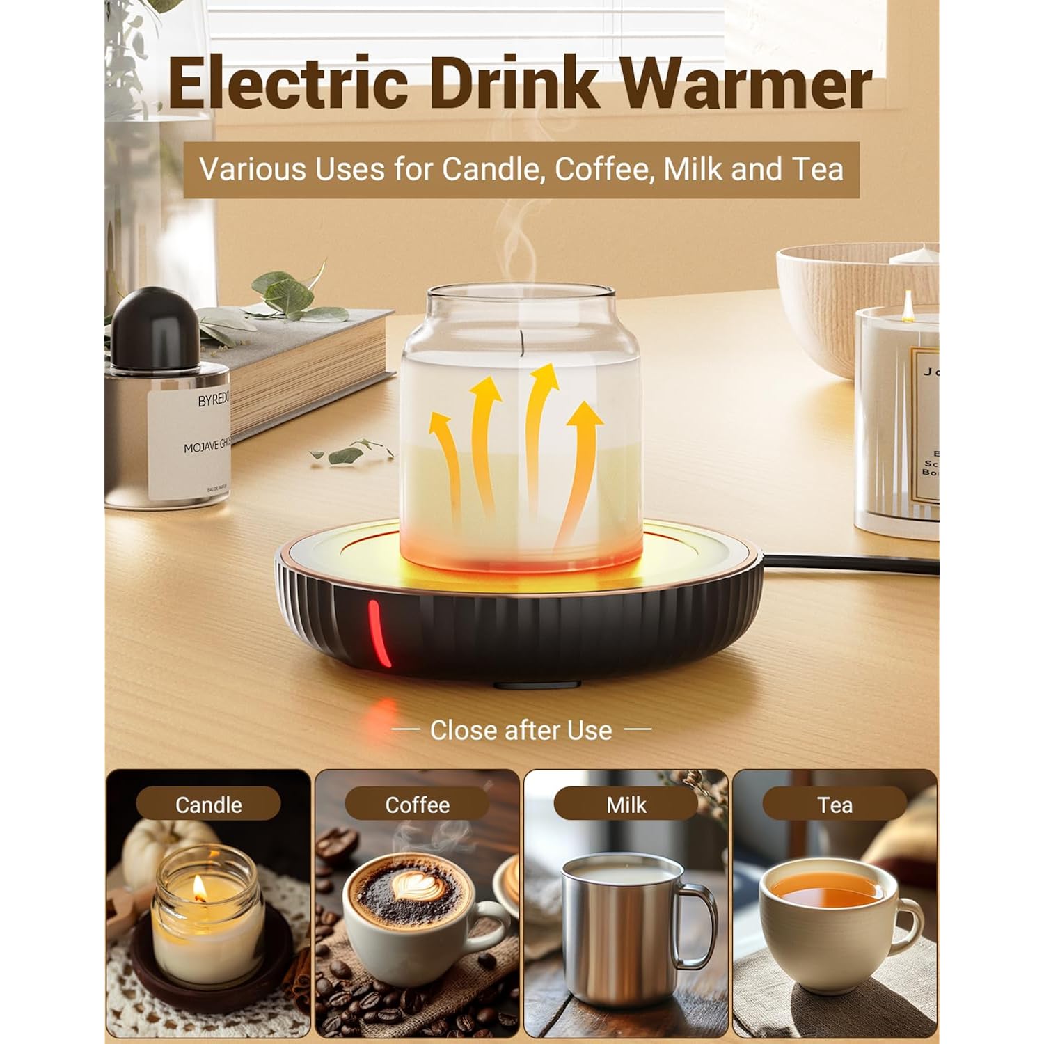 HouseGem Large Candle Warmer Plate - Coffee Cup Mug Warmer for Desk, Candle Melter, Electric Mug Heater for Beverages, Milk & Tea, Coffee Accessories Ideal Gifts Keep Cup Warm (Black)