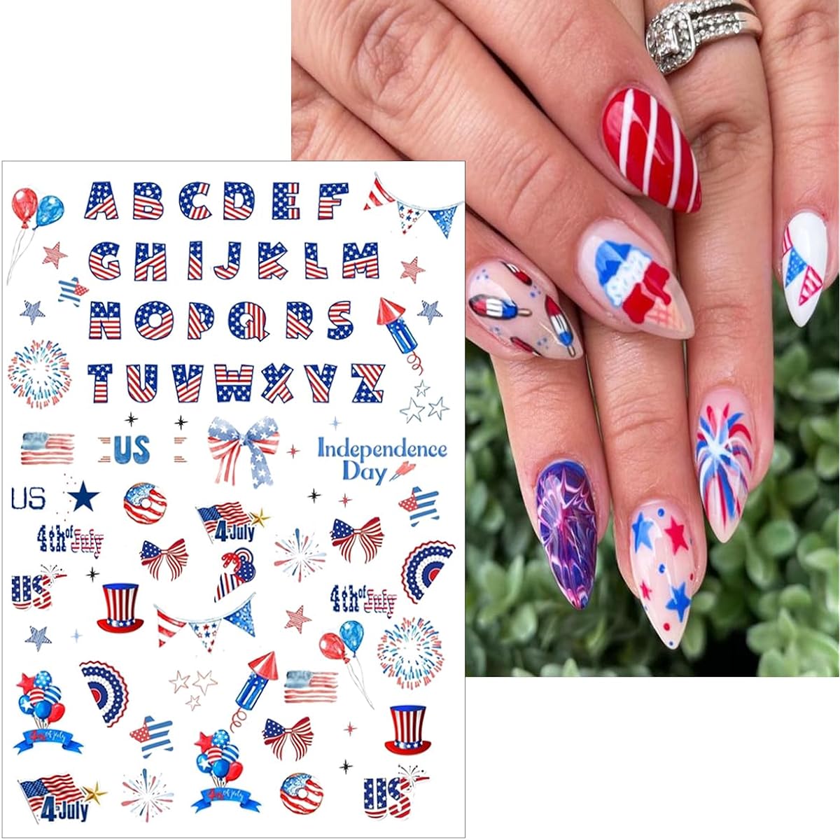 6 Sheets 4th of July Nail Stickers for Nail Art 3D Self Adhesive Independence Day Nail Art Stickers American Flag Stars Letters Fireworks Nail Decals Fourth of July Design Sticker for Women