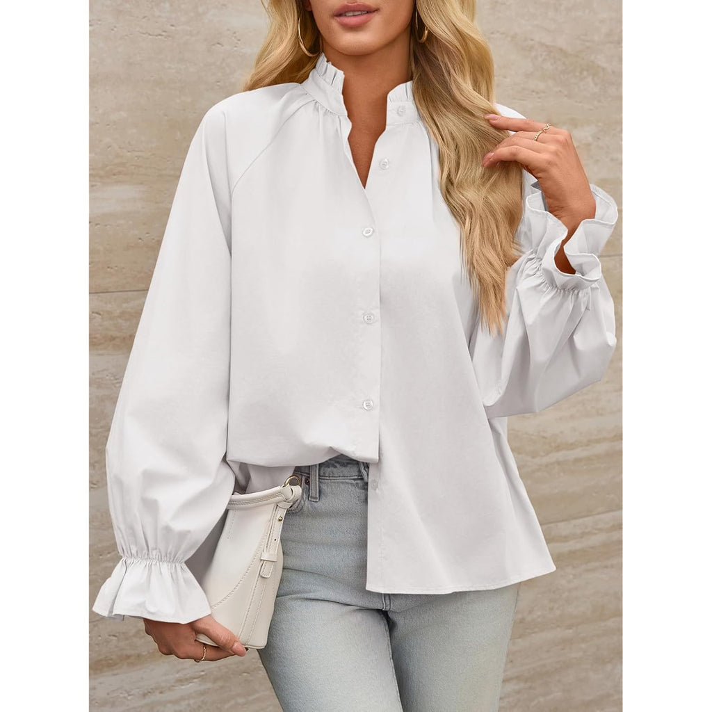 Womens Puff Long Sleeve Button Down Shirts Pleated V Neck Cotton Blouses Loose Fit Casual Ruffle Tops