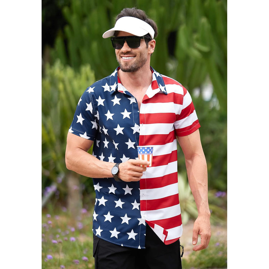 Men American Flag Button Shirt 4Th Of July Short Sleeve Shirts (S-3Xl)