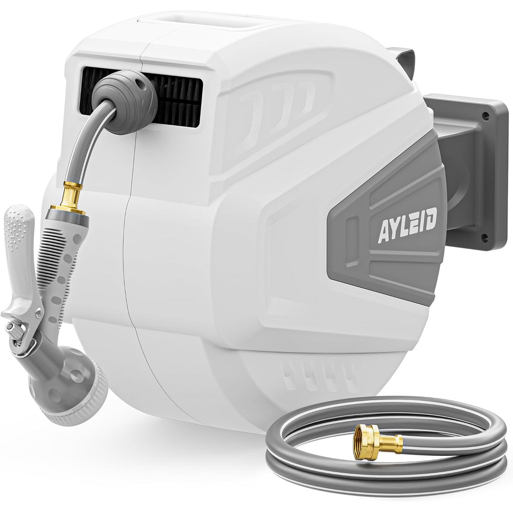 Retractable Rubber Hybrid Garden Hose Reel, 1/2"X100Ft Wall Mount | Anti-Freeze, Kink-Free Premium Rubber Hybrid Hose, 24-Month Warranty, 9-Pattern Sprayer, Any-Length Lock, Slow Auto-Return.