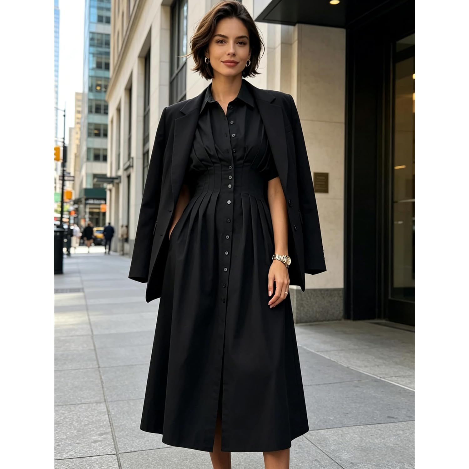 Yeokou Shirt Dress For Women Summer Casual Short Sleeve Button Down Loose Pleated Maxi Sundress With Pockets
