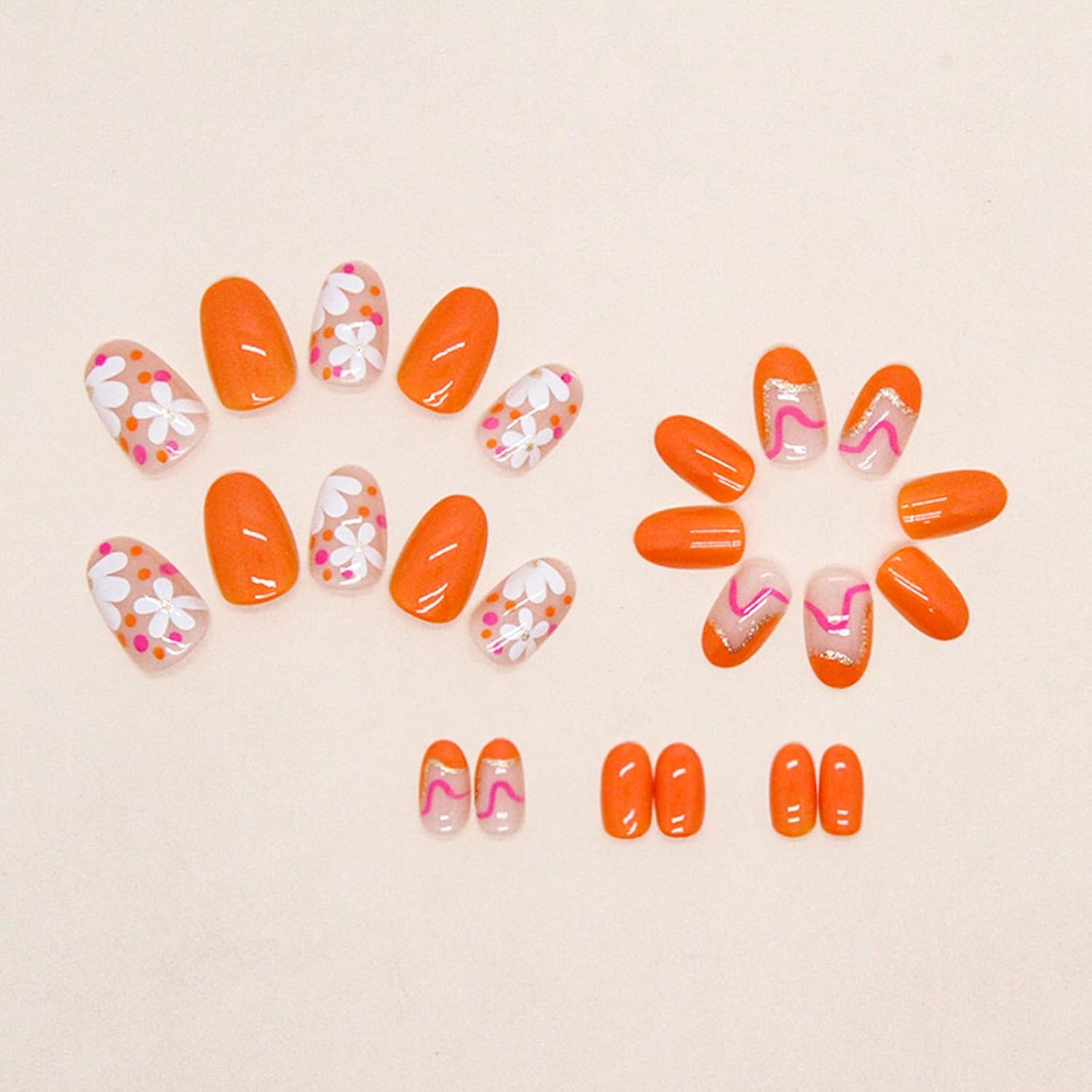 Short Almond Press on Nails Orange Flower Fake Nails Short Oval False Nails with Designs Line Glitter Glue on Nails Full Cover Acrylic Nails Stick on Nails for Women Girls Decoration 24Pcs