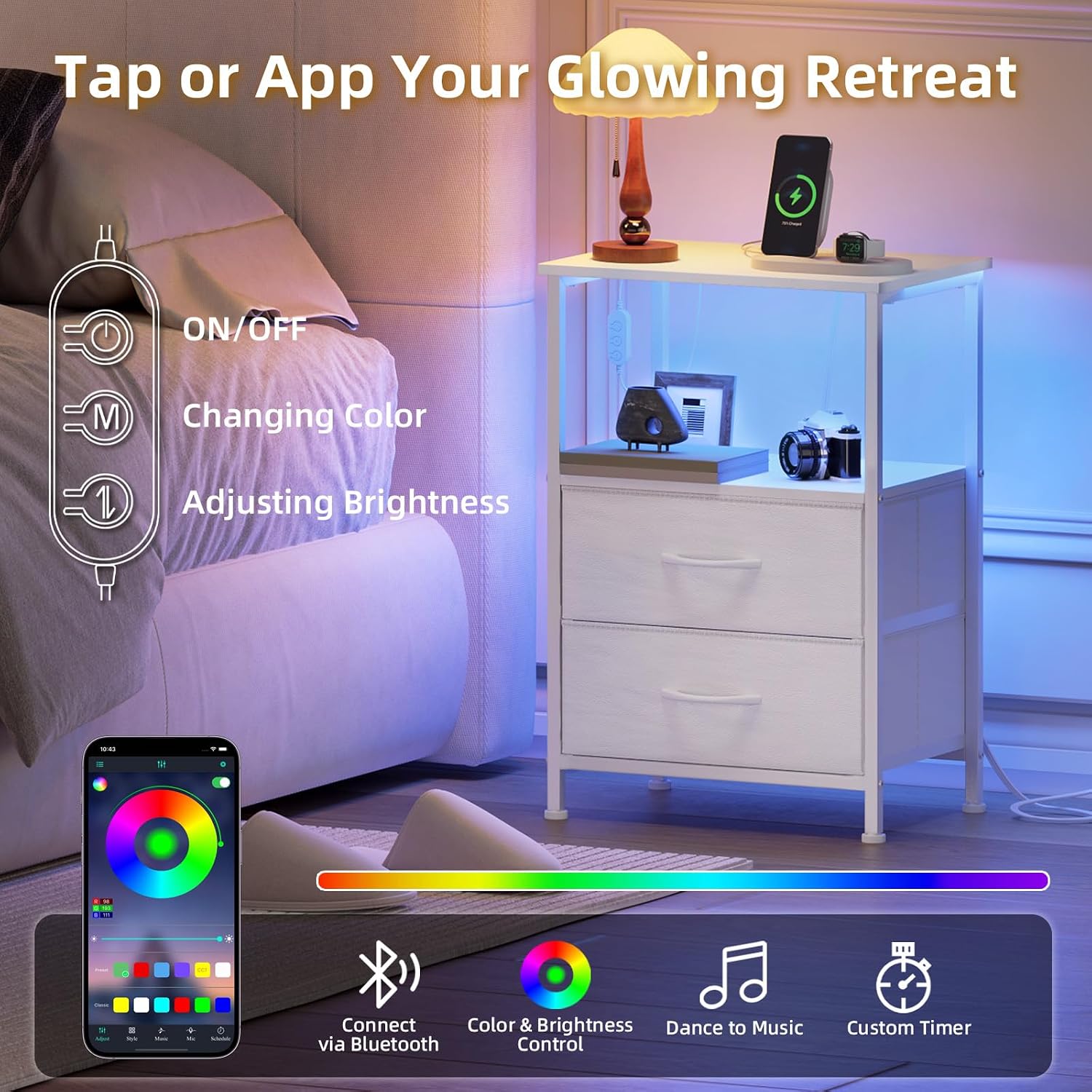 Somdot White Nightstand With Charging Station And Led Light For Bedroom, 2 Drawers Dresser With Fabric Bins For Bedside Kids Dorm Room Closet Laundry Entryway, White Leather