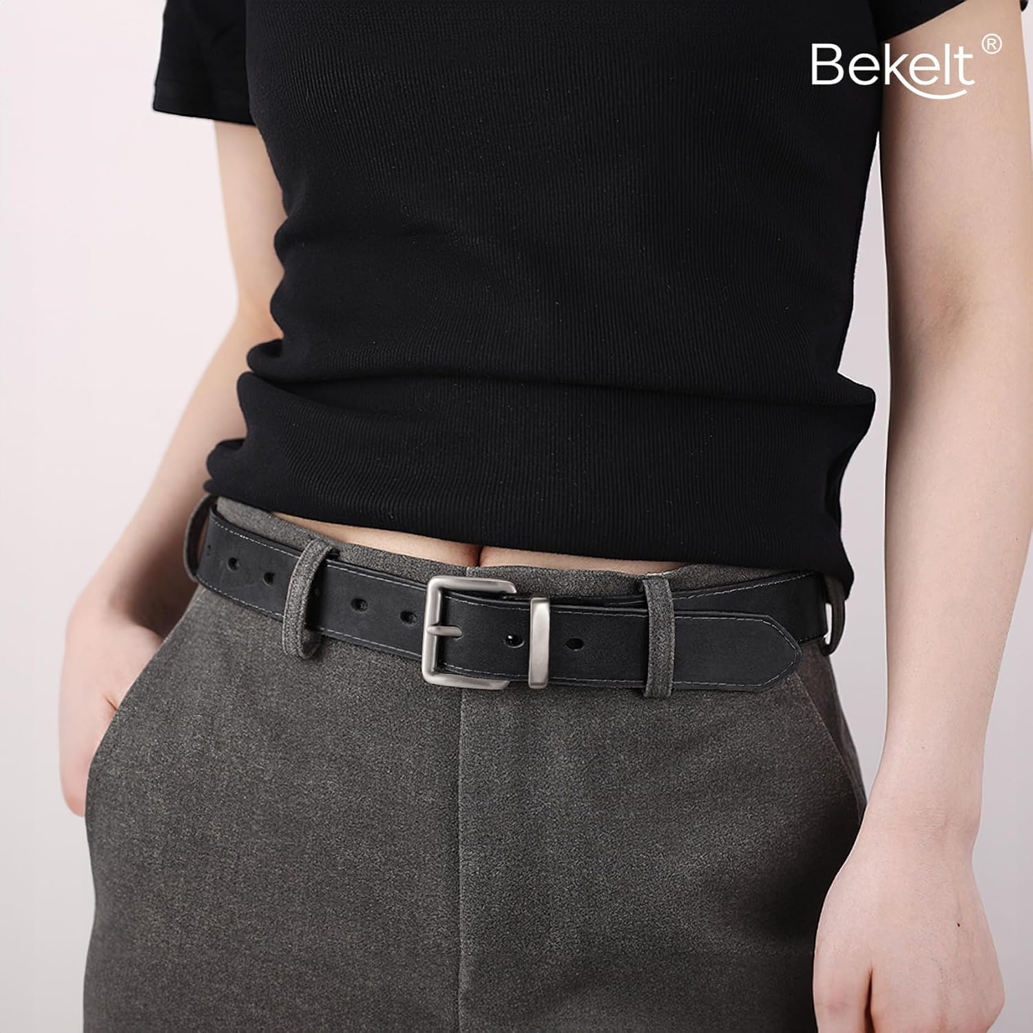 Women's Full Grain Leather Belt for Jeans Pants Real Genuine Leather Waist Belt with Matte Gold/Silver Buckle