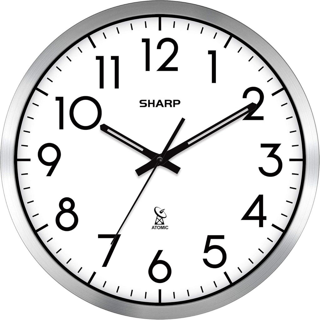 Sharp Atomic Analog Wall Clock - 12" Silver Brushed Finish Sets Automatically- Battery Operated Easy To Read Use: Simple, Style Fits Any Decor
