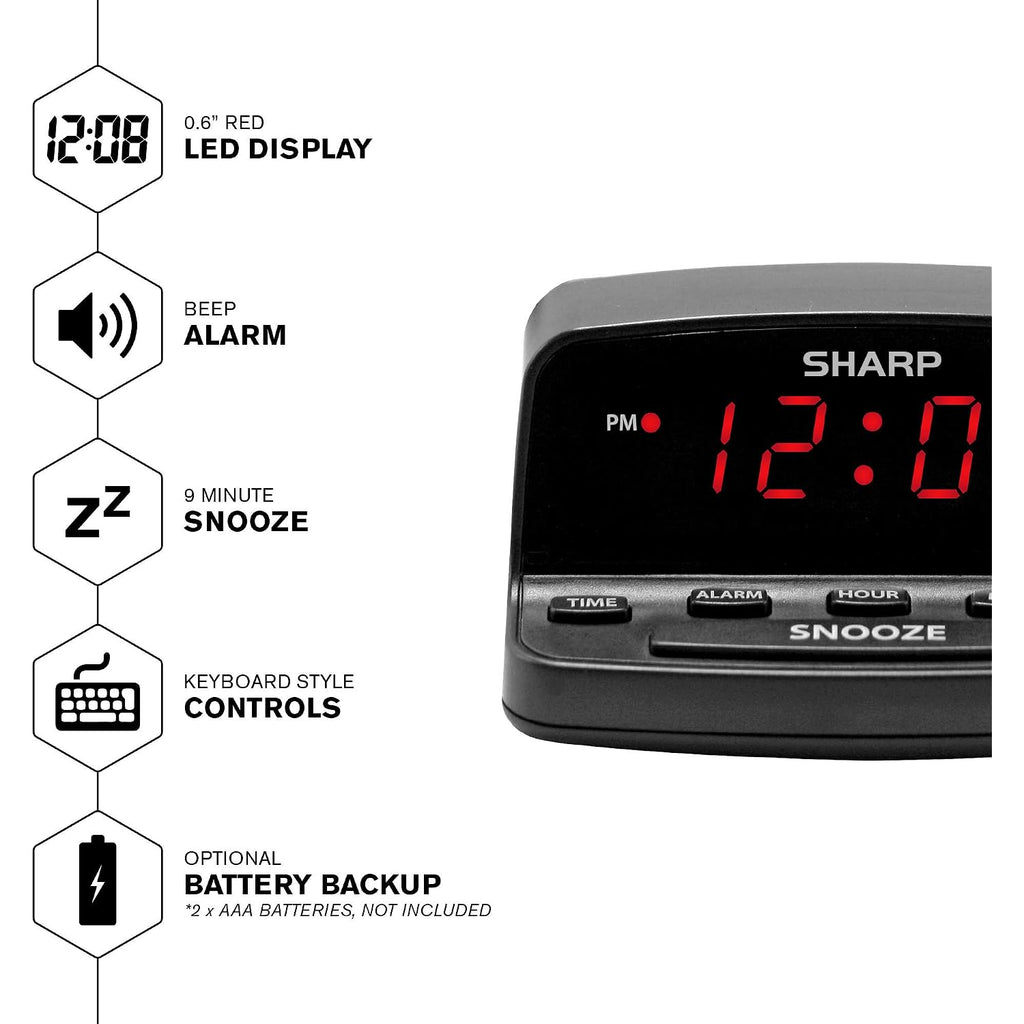 Sharp Digital Alarm Clock With Keyboard Controls, Red Led, Battery Backup