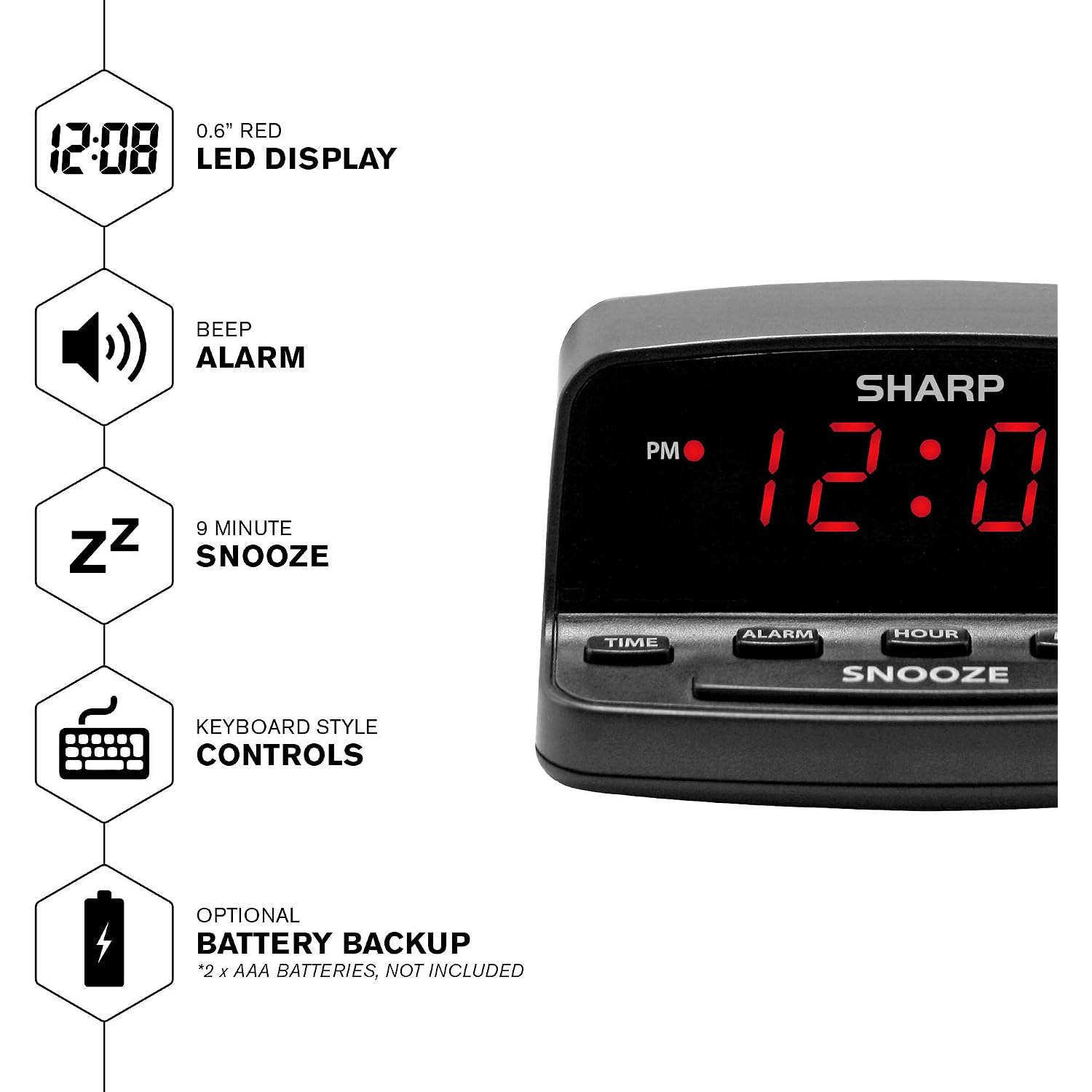 Sharp Digital Alarm Clock With Keyboard Controls, Red Led, Battery Backup