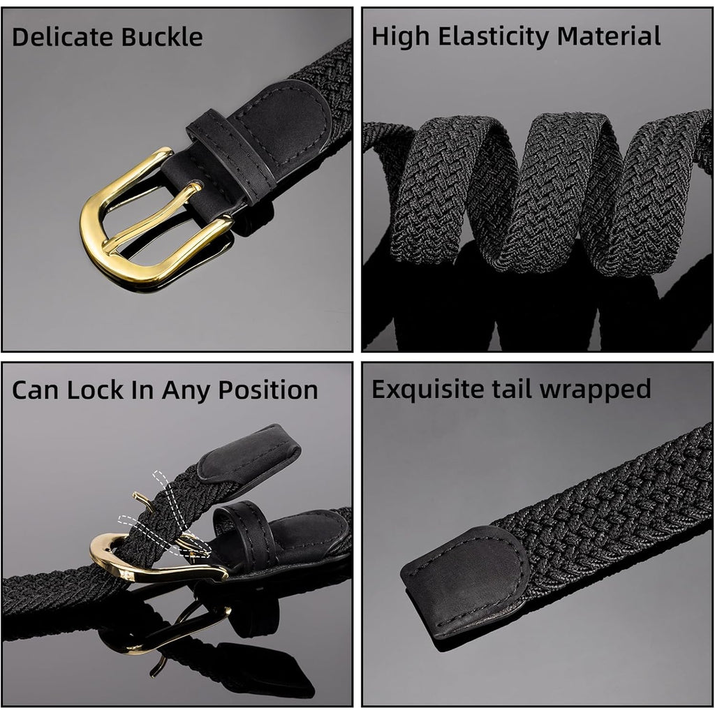 2 Pack Braided Belt for Women, Elastic Woven Stretch Fabric Cloth Belt with Gold Buckle