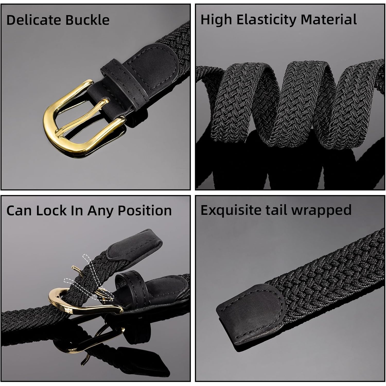 2 Pack Braided Belt for Women, Elastic Woven Stretch Fabric Cloth Belt with Gold Buckle