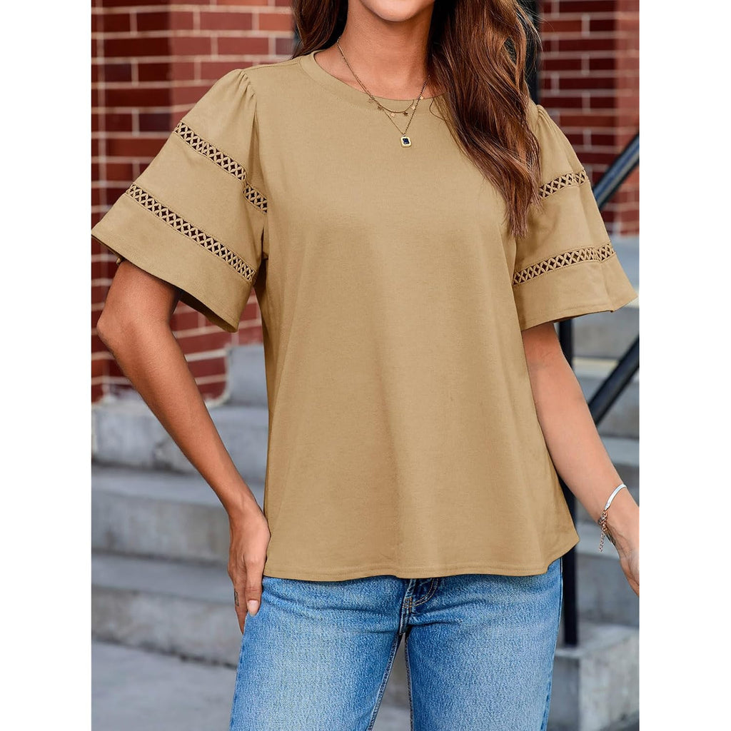Tankaneo Womens Eyelet Short Sleeve Tops Trendy Casual Loose Fit Tunics Crewneck Summer T Shirts