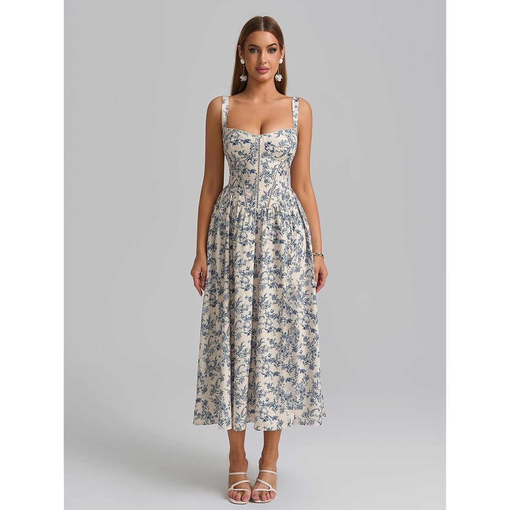 Kutumai Floral Corset Midi Dress Flowy Slit Summer Spring Wedding Guest Dresses For Women Sundress With Pockets