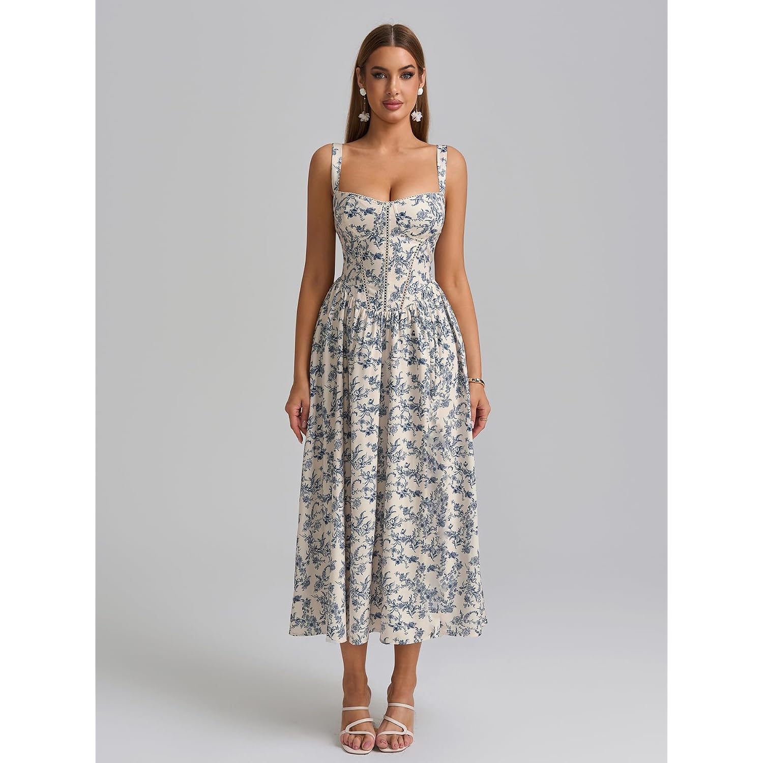 Kutumai Floral Corset Midi Dress Flowy Slit Summer Spring Wedding Guest Dresses For Women Sundress With Pockets