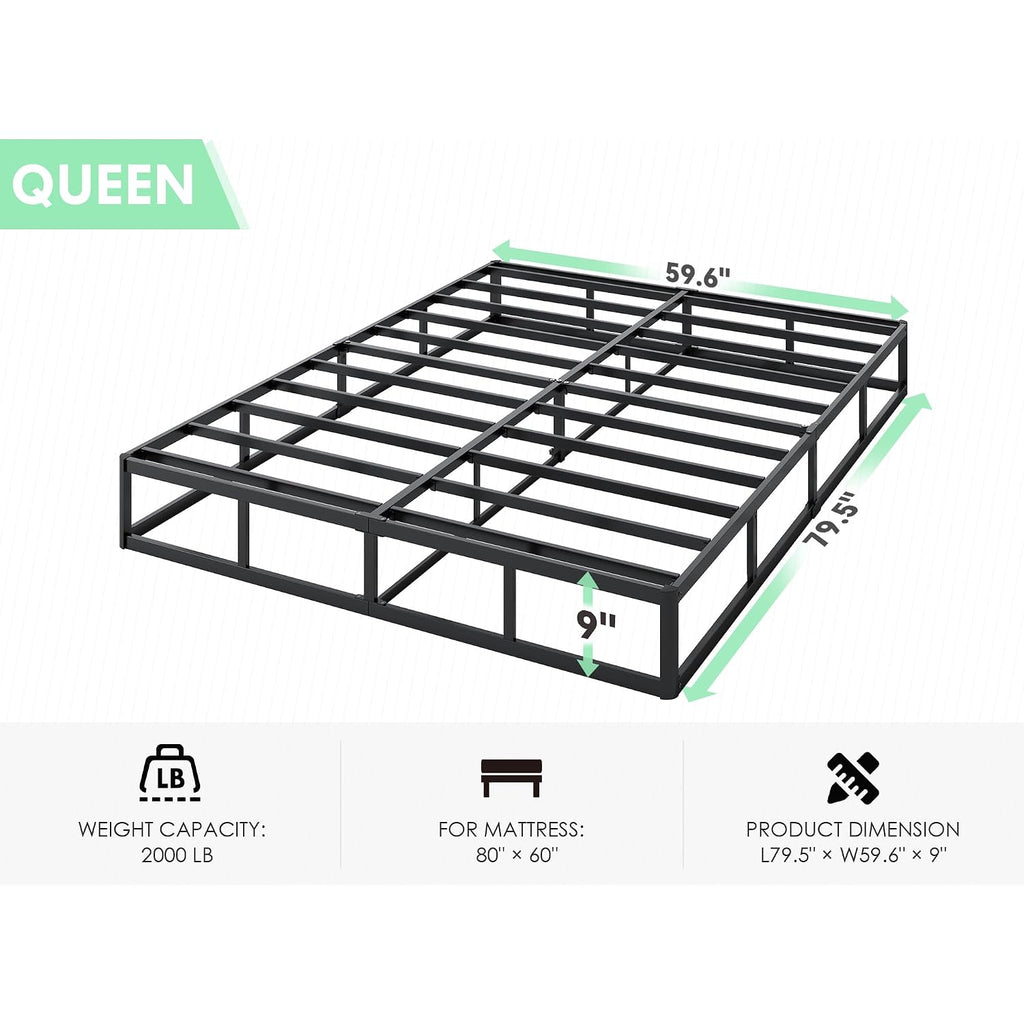 9 Inch High Profile Box Spring, Sturdy Metal Frame Mattress Foundation, Easy Assembly, Quiet & Noise-Free, Queen Size